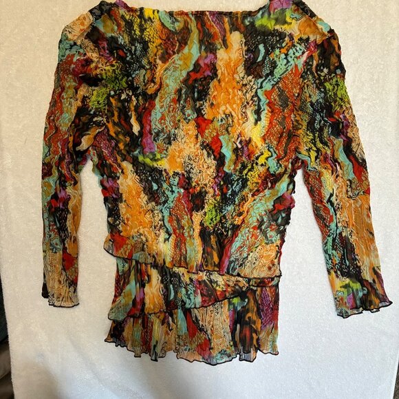 Y2K Alberto Makali Y2K Multi-color Tiered Lace Layered V-neck Crinkle Blouse L - Picture 6 of 7